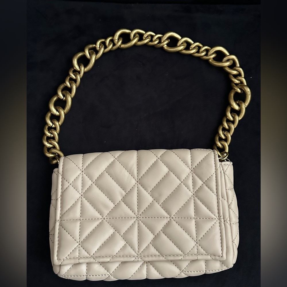 Zara Quilted Shoulder Bag with Gold Chain - Cream